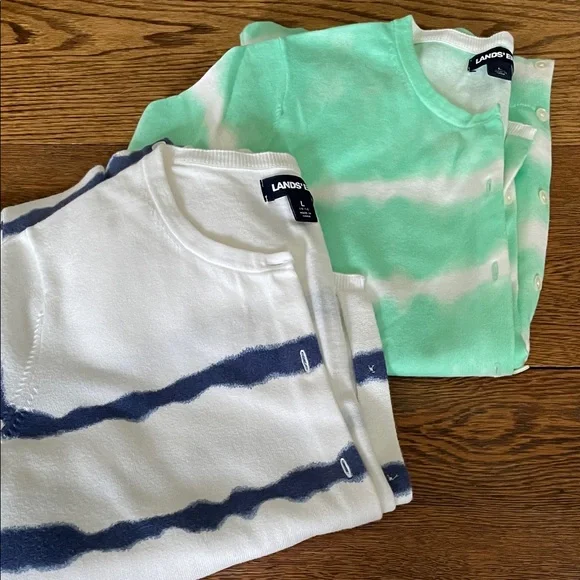 2 Lands’ End Cardigan Sweaters women’s reg large green stripe/blue stripe - Picture 1 of 6